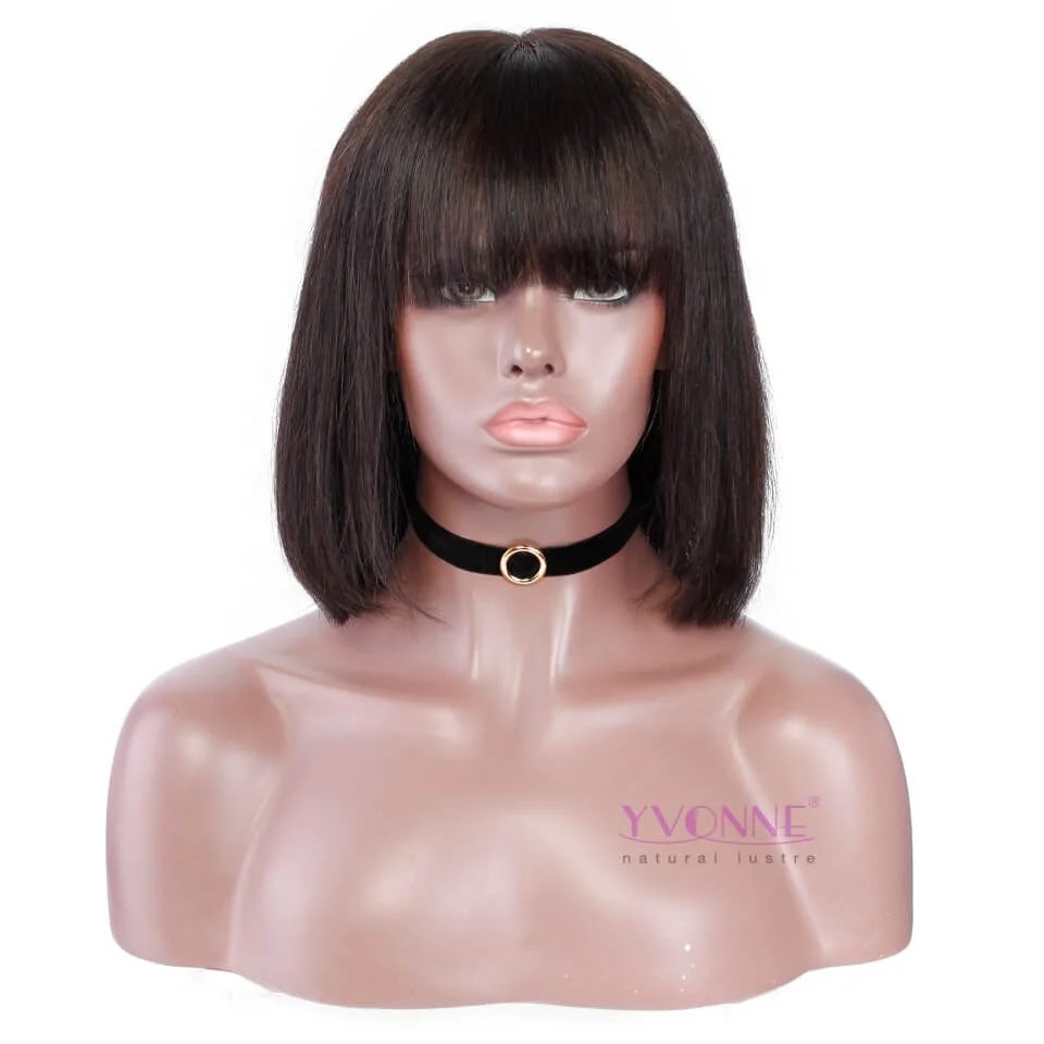 Ladies short braided 8 inch human hair lace front bob wigs with bangs for african woman
