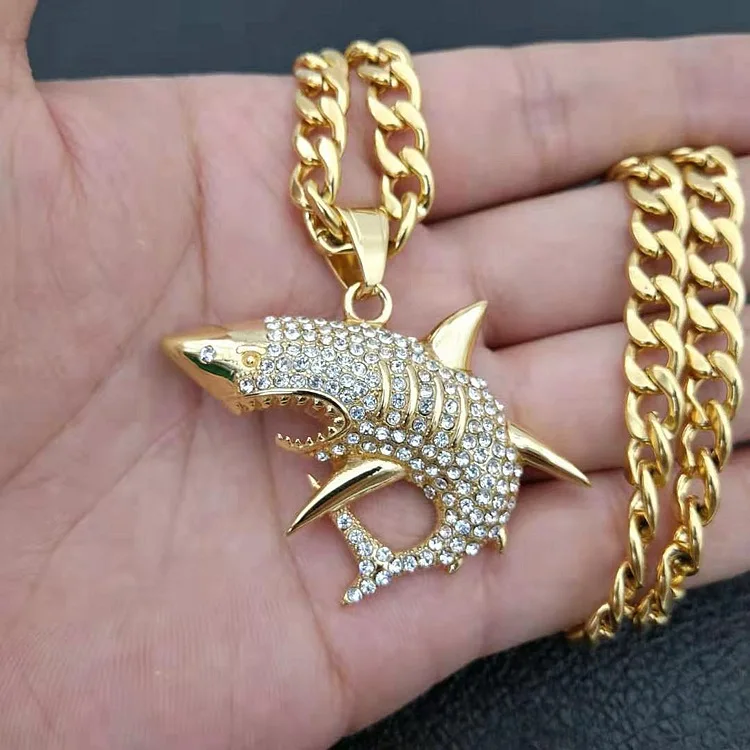 

Pave Crystal Pendants Gold Shark Necklace Jewelry Men, 18k gold plating