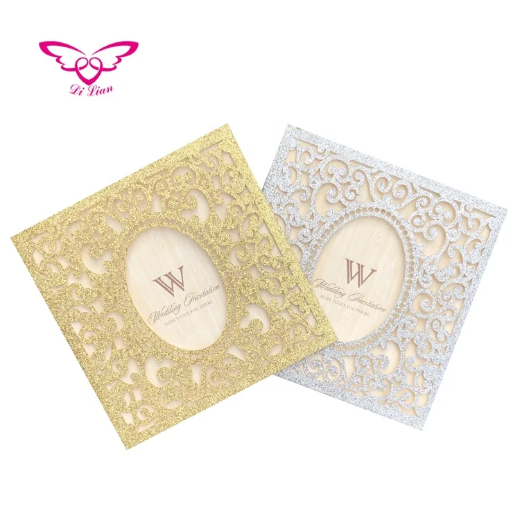 
Laser Cut Gold Glitter Paper Wedding Invitation Card 
