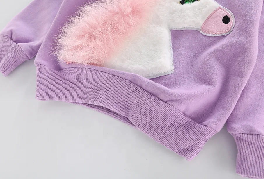 
Wholesale Girls 100% Cotton Pullover Sequin Fuzzy Unicorn Sweatshirt in Lavender 