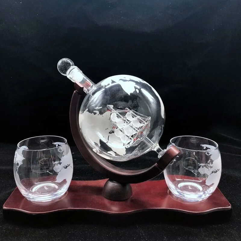 

850ml boat inside globe glass vodka bottle with cap and wooden tray, Customized color