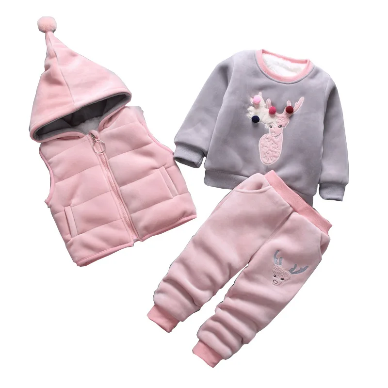 Baby Boys Girls Clothing Set for Winter Kids Warm Plus Velvet Thicken Cartoon hooded Coat Sweatshirt Pants 3pcs Toddler Outfits