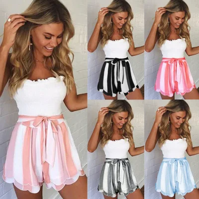 

Hot seller sexy fashion women's double shorts with lace petal edge in stripe print for summer woman short pants, As show