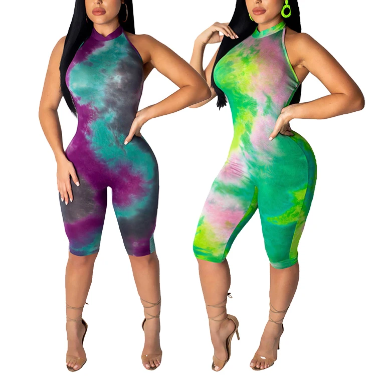 

High Quality Backless Tie-Dyed Short One Piece Jumpsuit Mujer Women Off Shoulder Jumpsuit