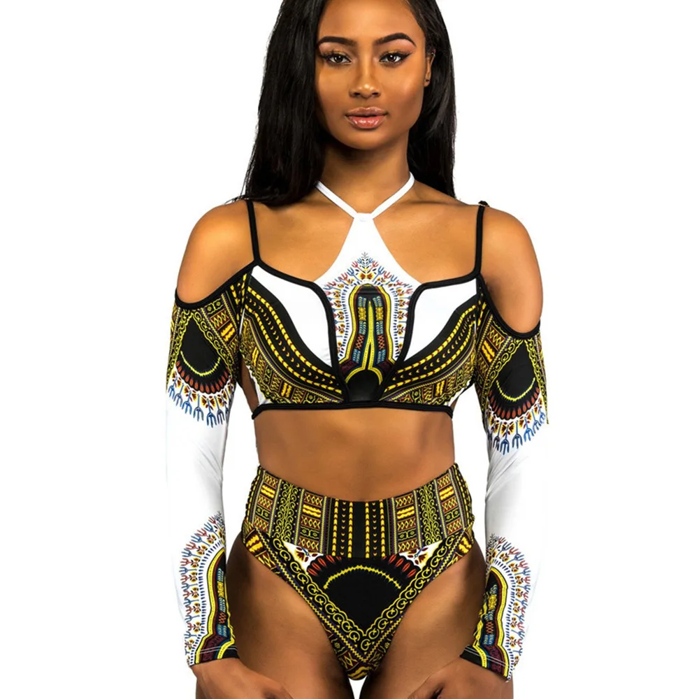 

2019 African women tribal ethnic bandage dashiki printed long sleeves swimsuit beachwear swimwear two piece Bikini