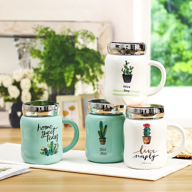

New mirror ceramic mug with cover creative cactus design green cup