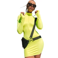 

New Neon Color Dress For Women Skinny Zipper Front Long Sleeve Dress Fall Party Mini Vestidos Female