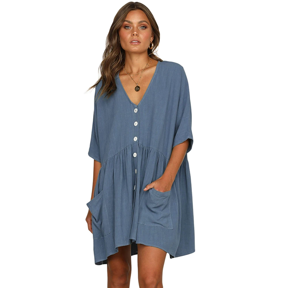 

Latest Design Women Natural Beauty V Neck Button Dress, N/a