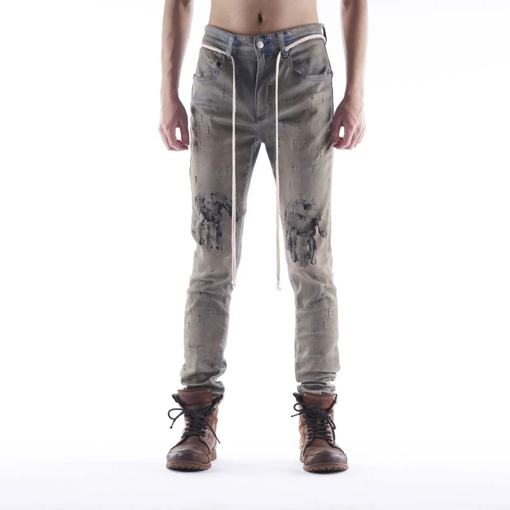 

DiZNEW Fashion Grey Custom Man Denim Super Skinny Destoryed Hand Jeans, As picture or customized