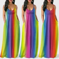 

2019 New Style Bohemia Rainbow Color Slip Dress Women Long Maxi Sleeveless Summer Dresses