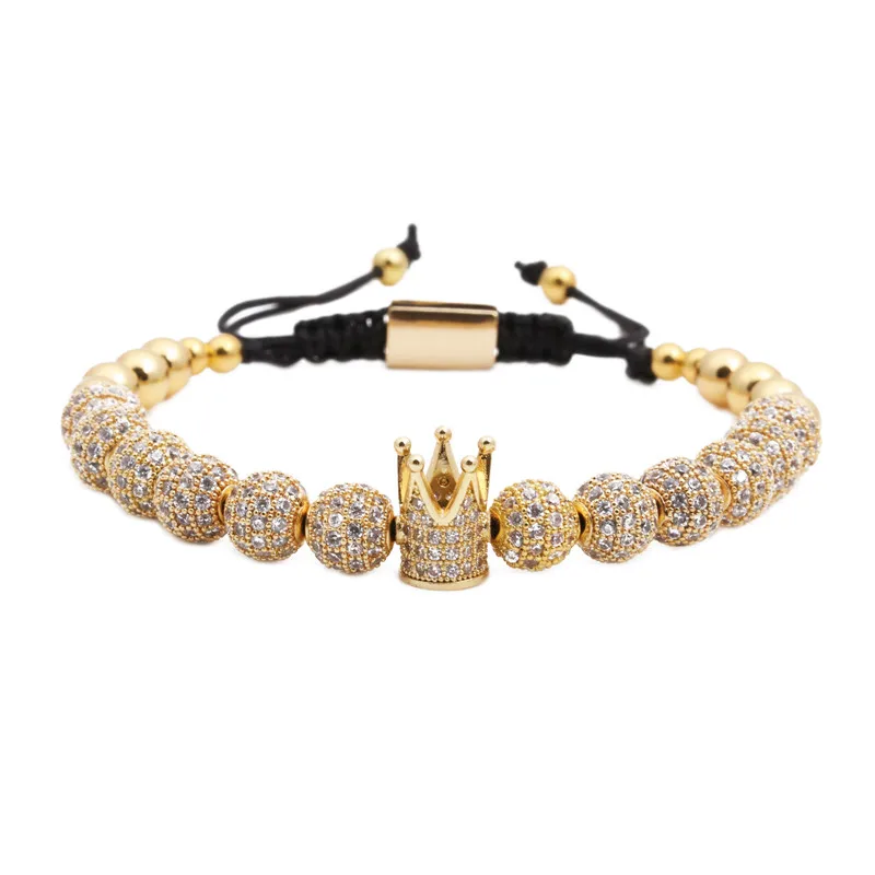 

Custom weave Fashion 18k gold plated cz balls crown beads adjustable bracelet men, Picture