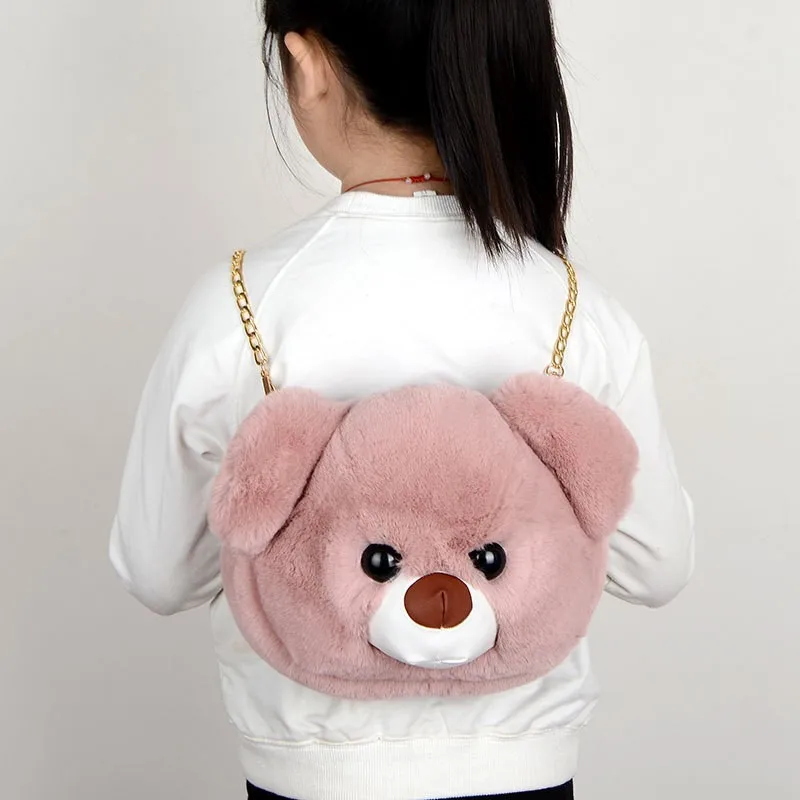 

New style Cartoon faux rabbit fur bear head bag Fashion Long chain female handbag Cute teddy bear bag for girl children