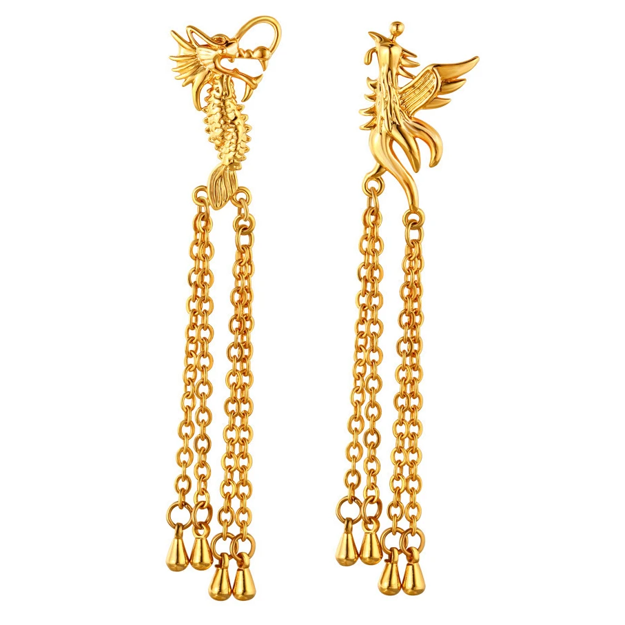 

AE7110196 xuping anting emas 24 karat+perhiasan lapis emas 24 karat+chinese dragon phoenix tassel retro earring, 24k gold color