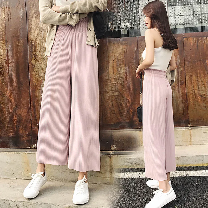 

Women Solid Wide Leg Ankle Length Pants Casual Loose Elastic Waist High Waist Pants, N/a