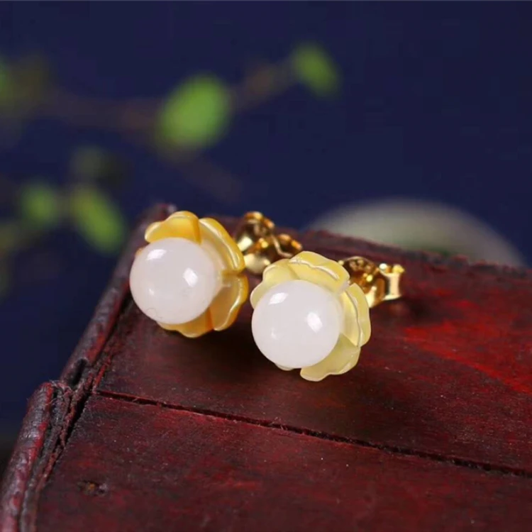 

gemstone jewelry earrings 18k gold plating 925 sterling silver natural hetian jade/shell stud earrings for women, Colors