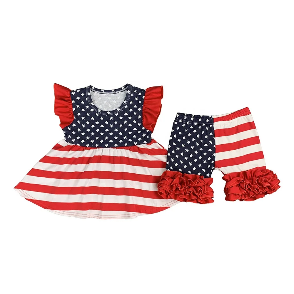 

Summer American Flag Children's Clothing Boutique 4th of July Kids Clothes Outfits Wholesale Knitted Cotton Girls Clothing Sets
