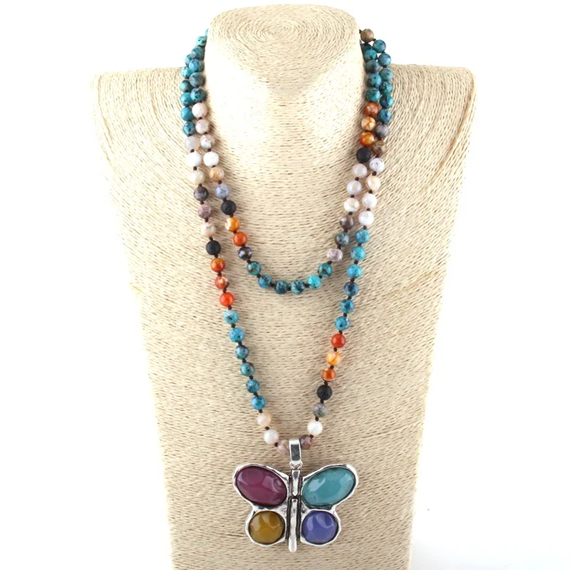 

Women Yoga Necklace Multistone Knotted Acrylic Butterfly Charm Pendant Necklace 108 Beads Mala Necklace