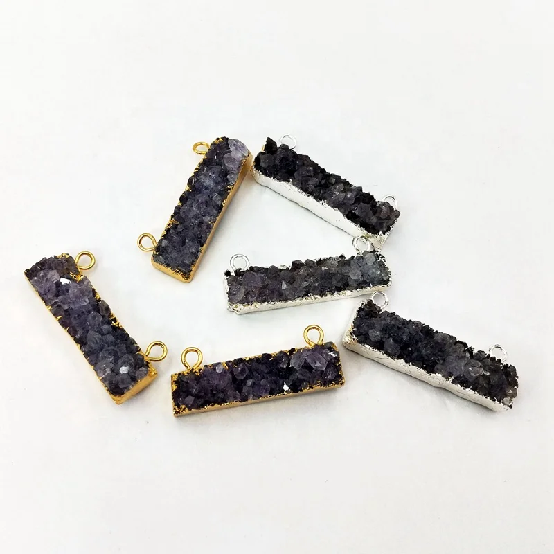 

Silver gold Plated Rectangle Amethyst pendant Druzy Bar Connector Double Bails Raw Crystal Links Handmade Quartz Making Jewelry, Multi colors