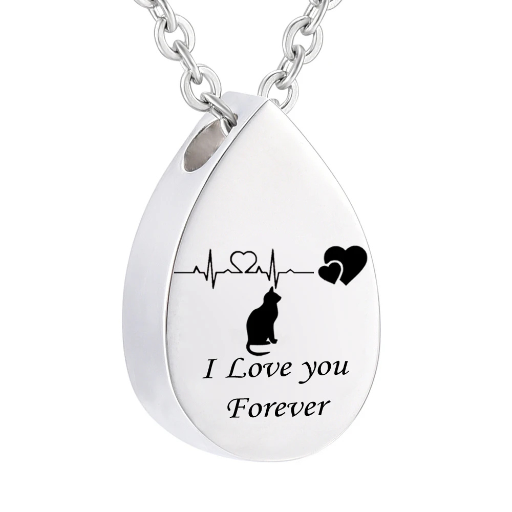 

Fashion Memorial Jewelry Cremation Urn Ashes Pet Cat Pendant Stainless Steel Water droplets Keepsake Memorial Charms Pendant, Silver