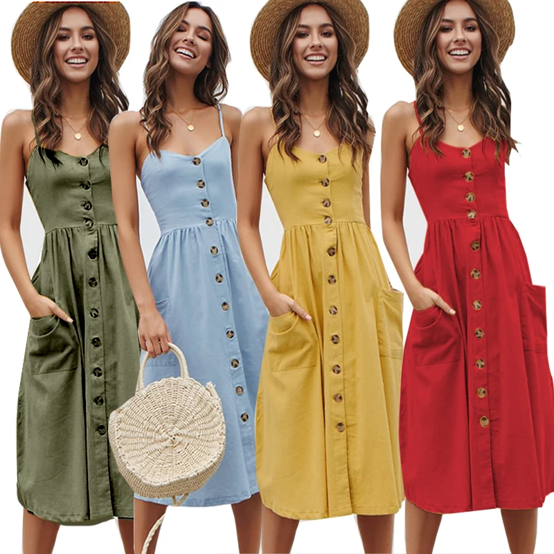 

ML-109 2019 Latest sexy Plus size solid color spaghetti strap dress with button decorated for women bohemia beach dresses, Picture show