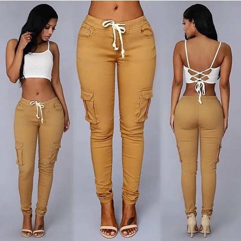 Denim Pencil Pants Hight Waist Fashion Women Drawstring Trousers Casual Elastic Sport Leggings