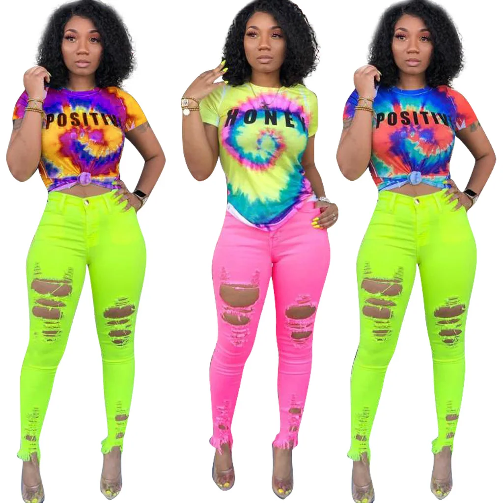 

2019 New Women custom words printed casual short sleeves Tie-Dye t shirt FM-3702, As pictures