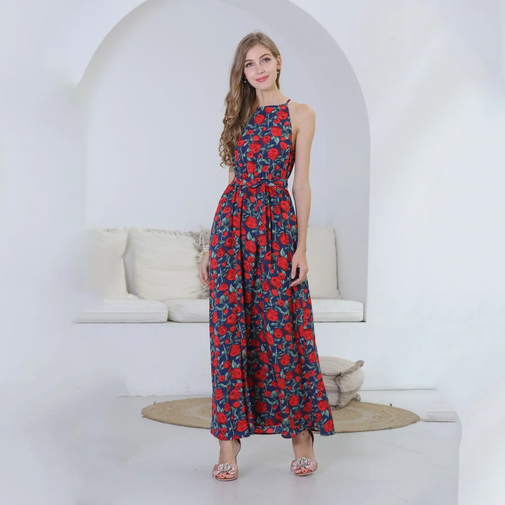 

2019 New Arrival Women Sleeveless Floral Boho Maxi Beach Halter Dress Summer With Nine Colors, Tom1037