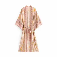 

Beautiful flower print pink color kimono dress women summer long maxi bohemian clothing