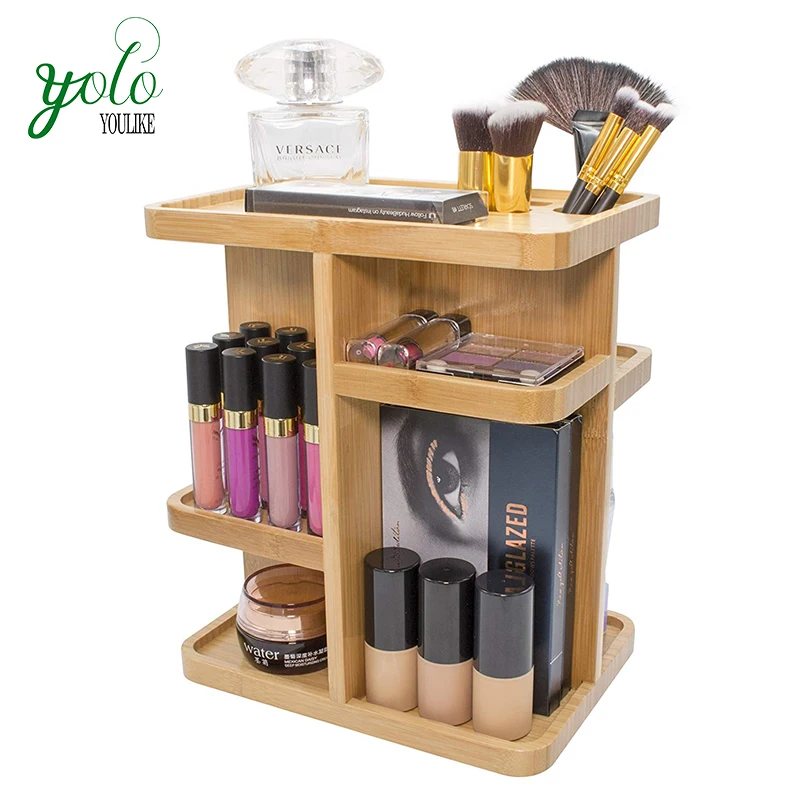 

High Quality 360 Degree Rotating Multi-Function Bamboo Cosmetic Storage Organizer For Makeup, Toiletries, Natural