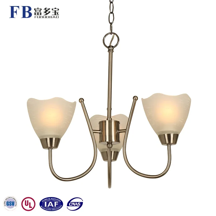 Good Quality Sand Nickel Glass Lamp Shade Ceiling Hanging Pendant Light 3 Arms Chandelier