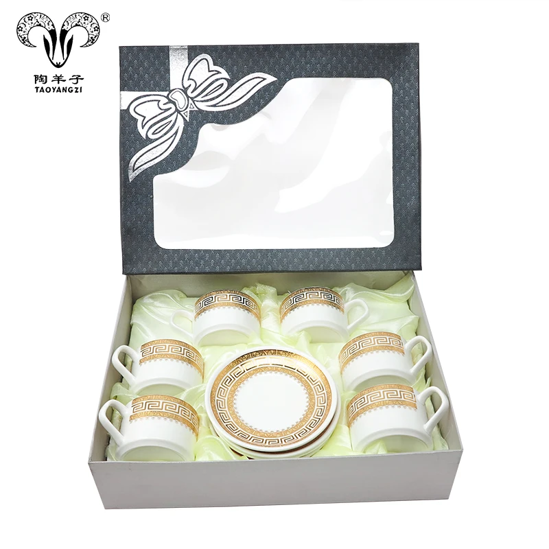 

Exquisite porcelain 6 sets of cups saucers 12pcs tea set ceramics in gift pack for Tea or coffee for wedding gifts, White and gold