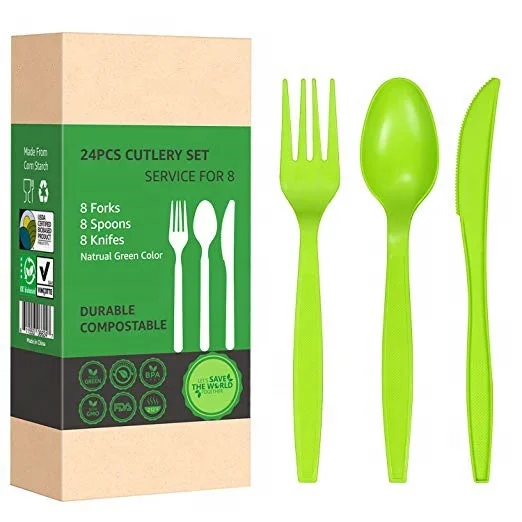 

24PC Compostable Utensil Set Eco Friendly Cornstarch Fork Spoon and Knife Cutlery Durable and Heat Resistant Flatware Set, Green