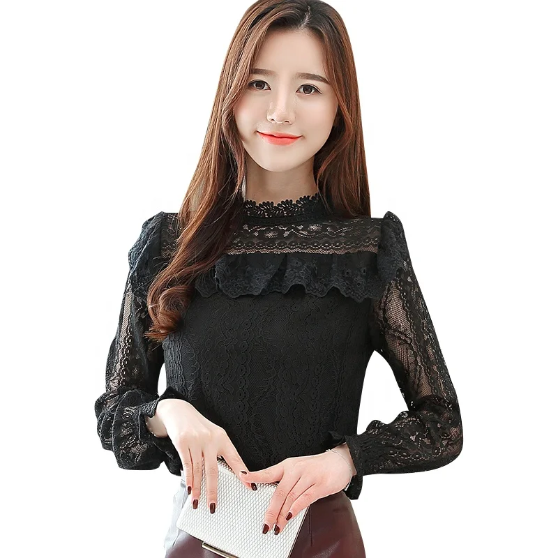 

2019 Elegant long Sleeve lace Chiffon women Shirt ruffles top blouse factory wholesales