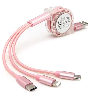 Multi Charging Retractable Flat USB Cable 3 In 1 Data Cable