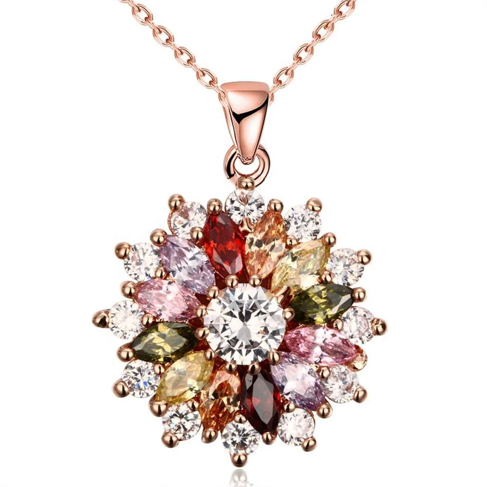 

Wholesale Multi Color Cubic Zirconia Rose Gold Plated Delicate Flower Pendant Necklace, Rose gold;customized color