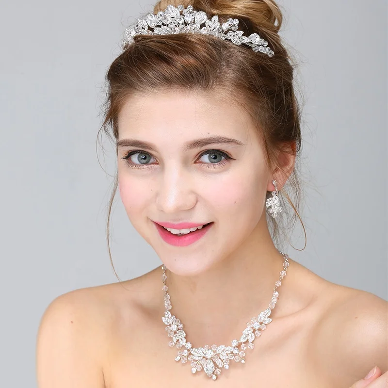 

2019 Luxury Handmade Silver Clear Rhinestones Crystal Necklace Earring Bridal Flower jewelry Set For Girls