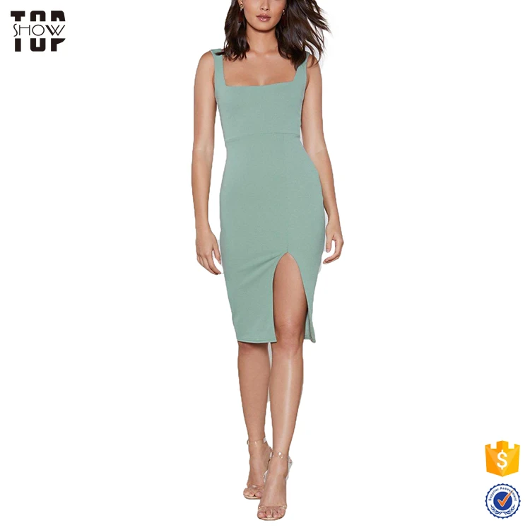 

Chinese supplier green square neck front slit bodycon midi dress for women, Customized color