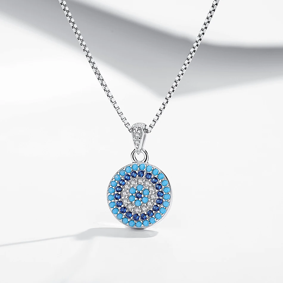 

925 Sterling Silver Necklace with Crystal CZ Blue Lucky Eye Necklaces&Pendants For Women Chain Jewelry