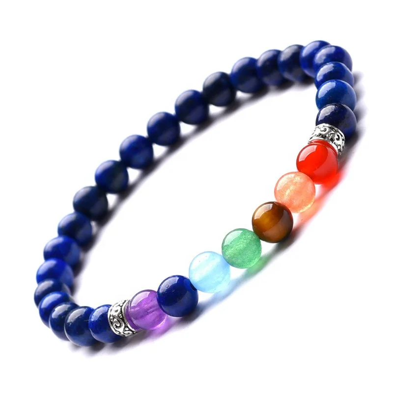 

Natural Lapis Stone Beads Bracelet 7 Chakra Bracelet Wristband Elastic Friendship Charm Bracelet for Men and Women, Picture