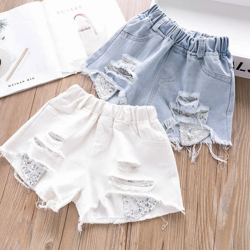 

Hu Sunshine summer Wholesale Girls kids fashion solid hole white denim Shorts, N/a