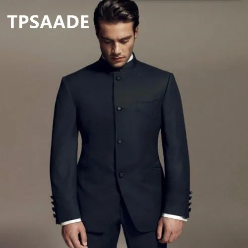 

High Quality Tradition Chinese Neck Design Coat Pant Black Men Suit WF547, Black as picture