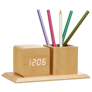 Image of KH-WC009 Cube LED Digital Alarm Clock Square Modern Wood Clock Thermometer Temp Date Display Calendars Desk Table Clock