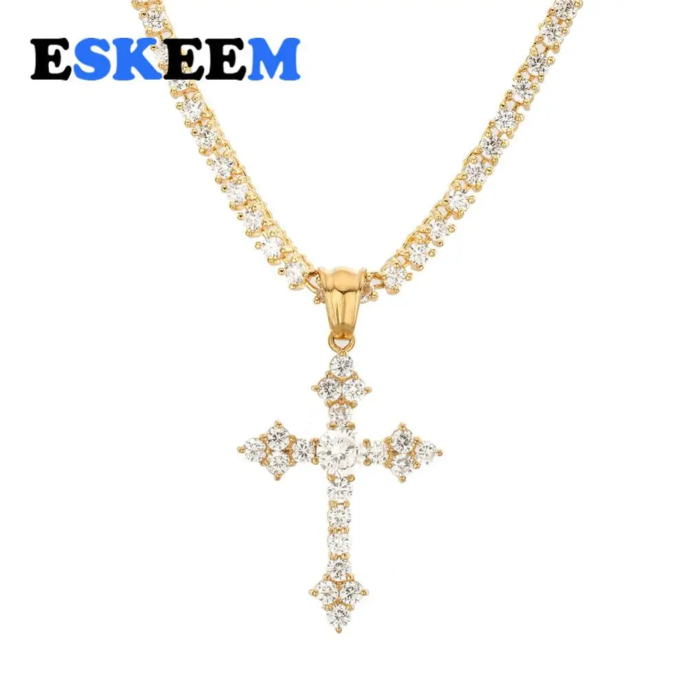 

Eskeem Original Design 18K Gold Plated Beauty Exterior Iced Out AAA Zircon Cross Claw Zircon Pendant Necklace Jewelry, Picture