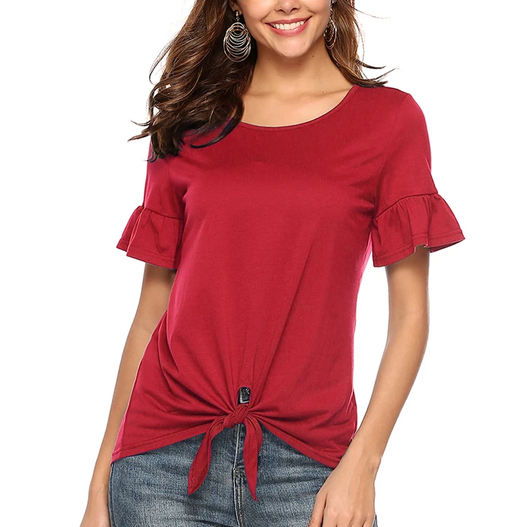 

Summer Hot Sale Wine Red Bow Tie Bell Sleeves Blouse Tops Women
