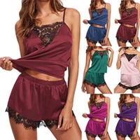 

new Women Sleeveless Strap Pajama Sets Nightwear Lace Trim Satin Sleepwear Set Top Sexy Lingerie Intimate Pijama