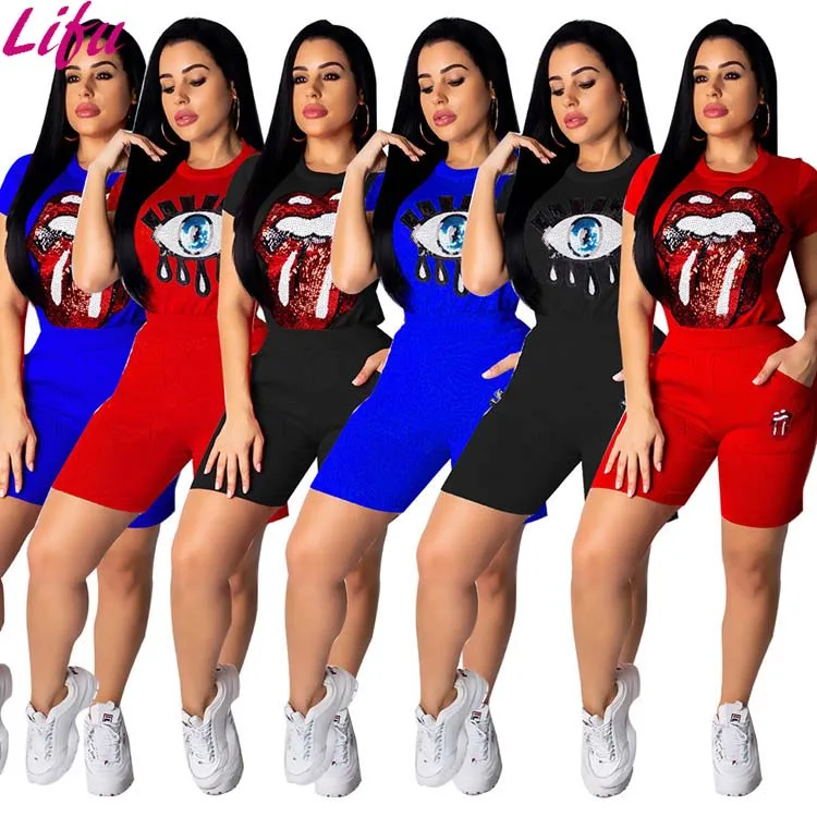 

Lifu 2019 Trendy Two Piece Ladies Set Eye Mouth Sequin T Shirt And Pants Women Sport Suits Fashion Clothing for Women, 6 colors