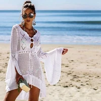 

2019 Crochet White Knitted Beach Cover up dress Tunic Long Bikinis Cover ups Swim Cover up Robe Plage Beachwear