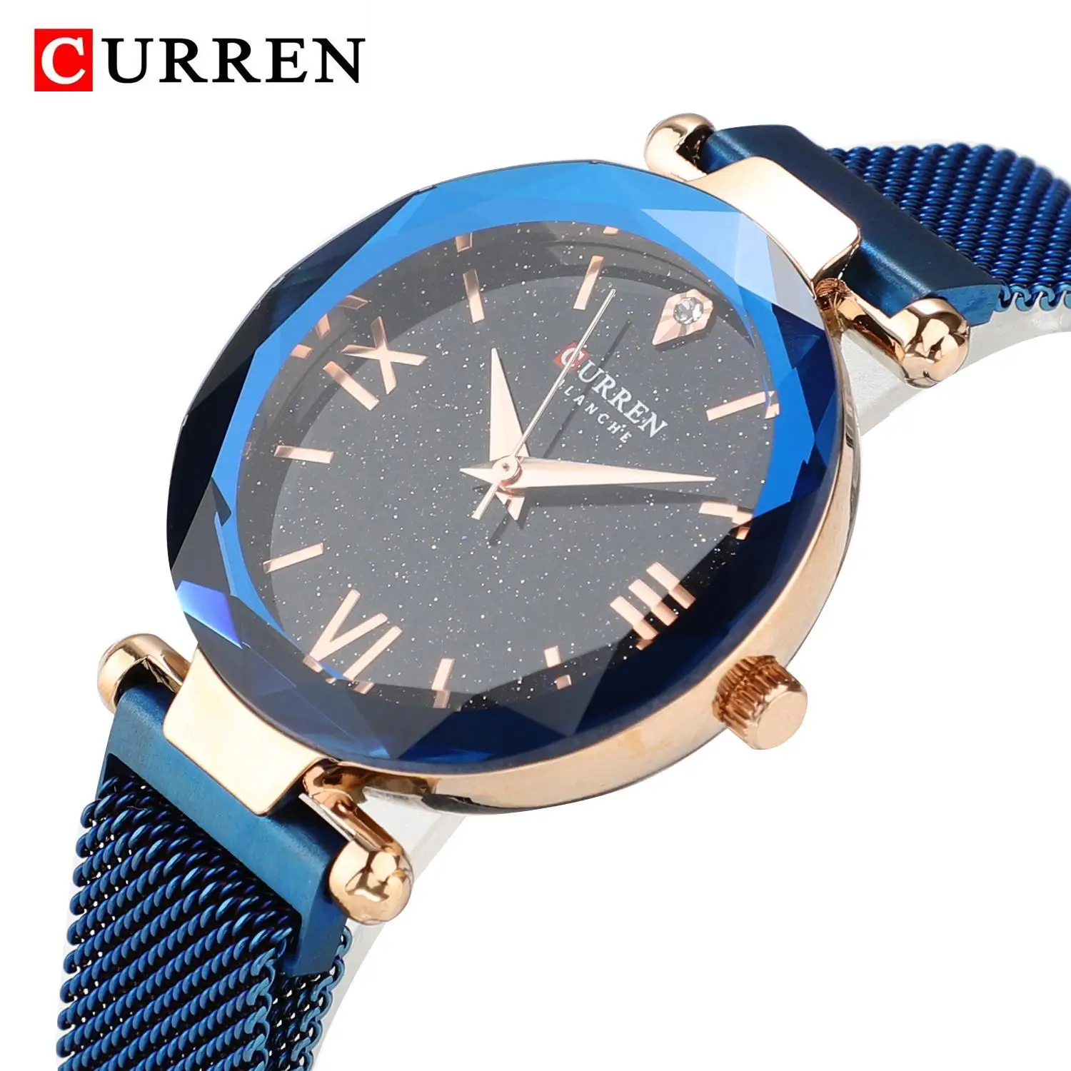 

2019 factory hot sale luxury blue crystal stainless steel watch Curren 9063 watches