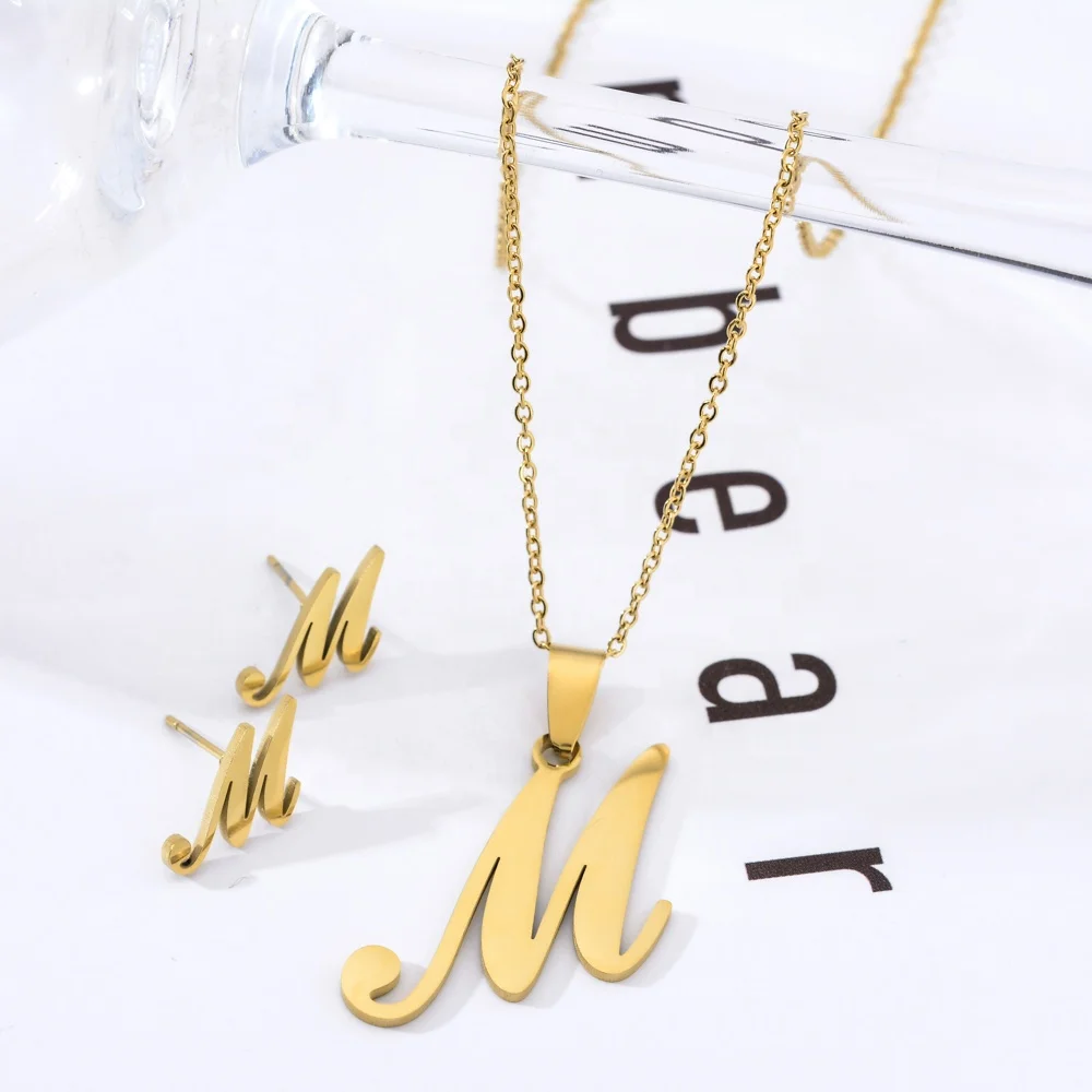 

Rinhoo 26 Letters Stainless Steel Jewelry Set Alfabet Initial Bridal Wedding Earring Necklace Jewelry, Gold