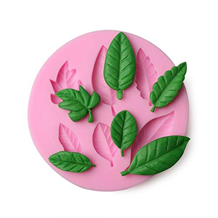 

Amazon Top Seller 2021 Kitchen Accessories Set Silicone Baking Tools 6pcs Non-stick Leaf Shape Biscuit Cake Chocolate Mold, Pink green gray white